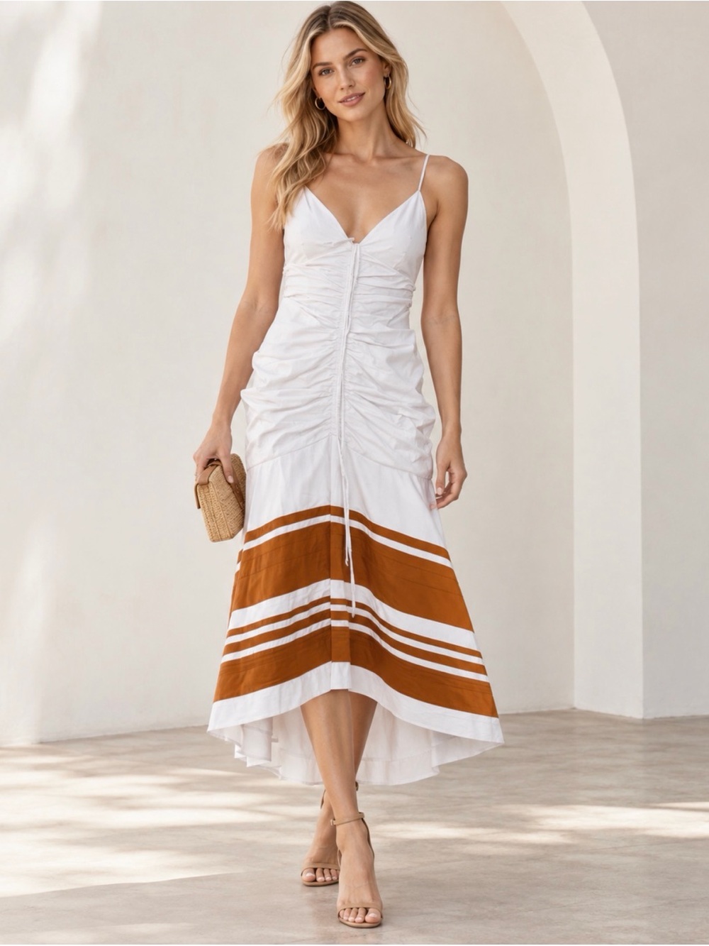 Veronica Beard Striped Ruched V-Neck Midi Dress Size 8